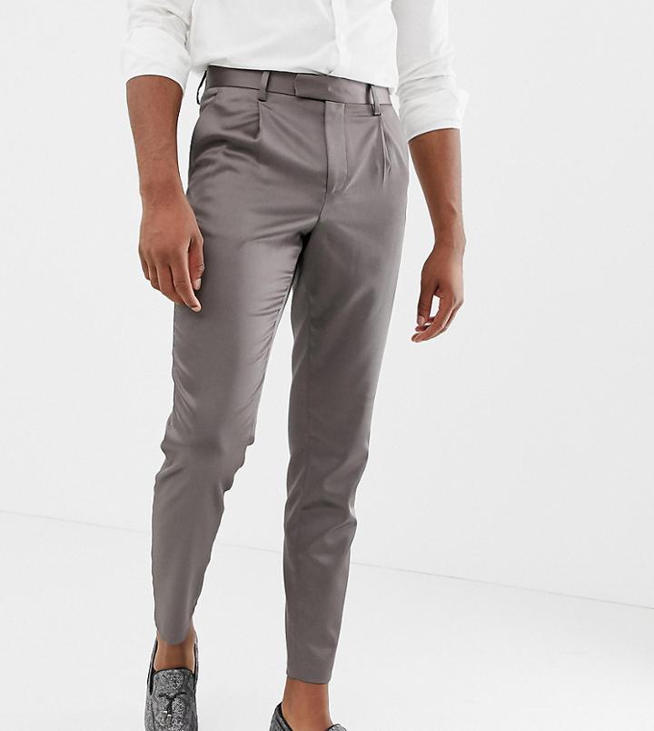 Asos Design Tall Cigarette Suit Pants In High Shine Gunmetal Sateen - Gray