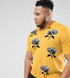 Asos Design Plus Knitted Revere Collar Polo In Mustard With Floral Jacquard - Yellow