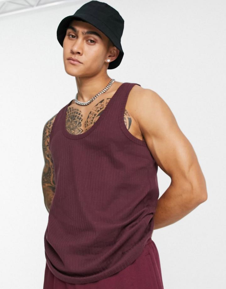 Asos Design Rib Detail Tank Top In Burgundy-red