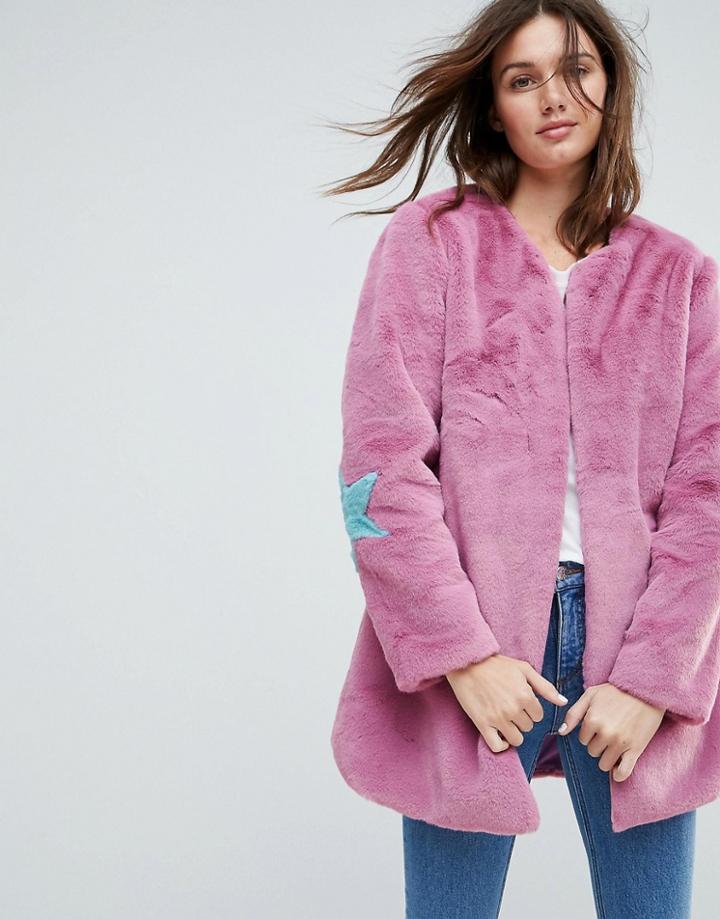 Jayley Collarless Star Patch Faux Fur Jacket - Pink