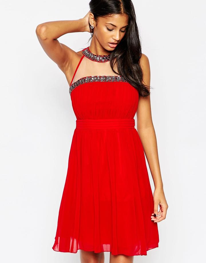 Little Mistress Skater Dress With Beaded Halterneck - Red