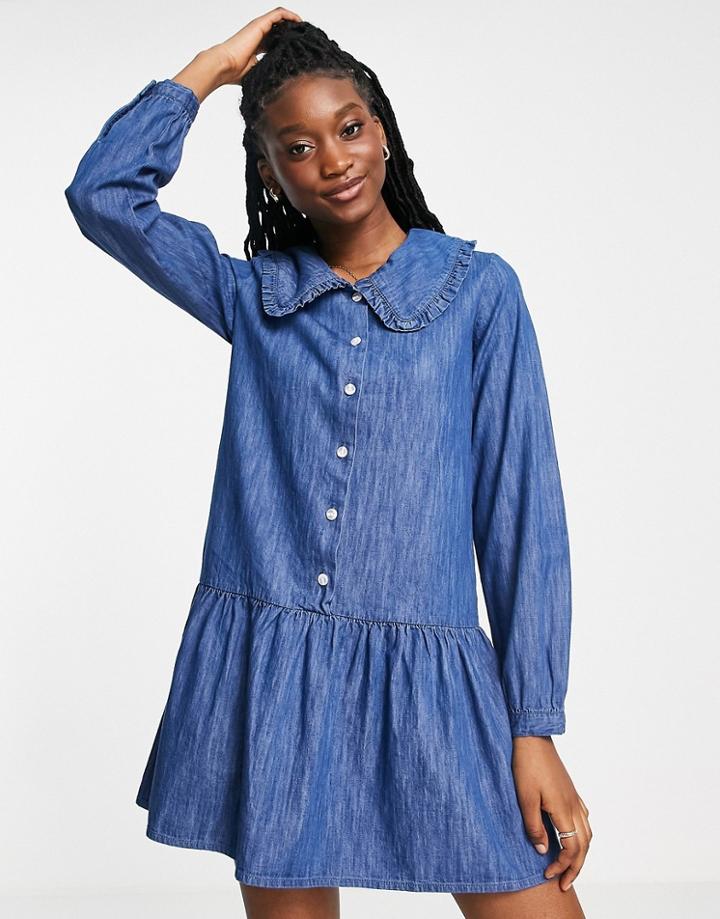 Miss Selfridge Collar Detail Smock Dress In Midwash Blue-blues