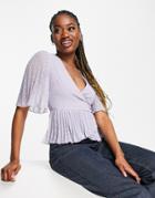 Asos Design Textured Wrap Short Sleeve Blouse With Pleated Peplum Hem In Light Blue