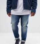 Asos Plus Skinny Jeans In Dark Wash Blue With Abrasions - Blue