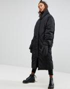Asos Longline Puffer Coat With Detachable Mittens - Black