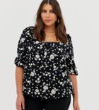 Simply Be Square Neck Blouse In Black Floral-multi