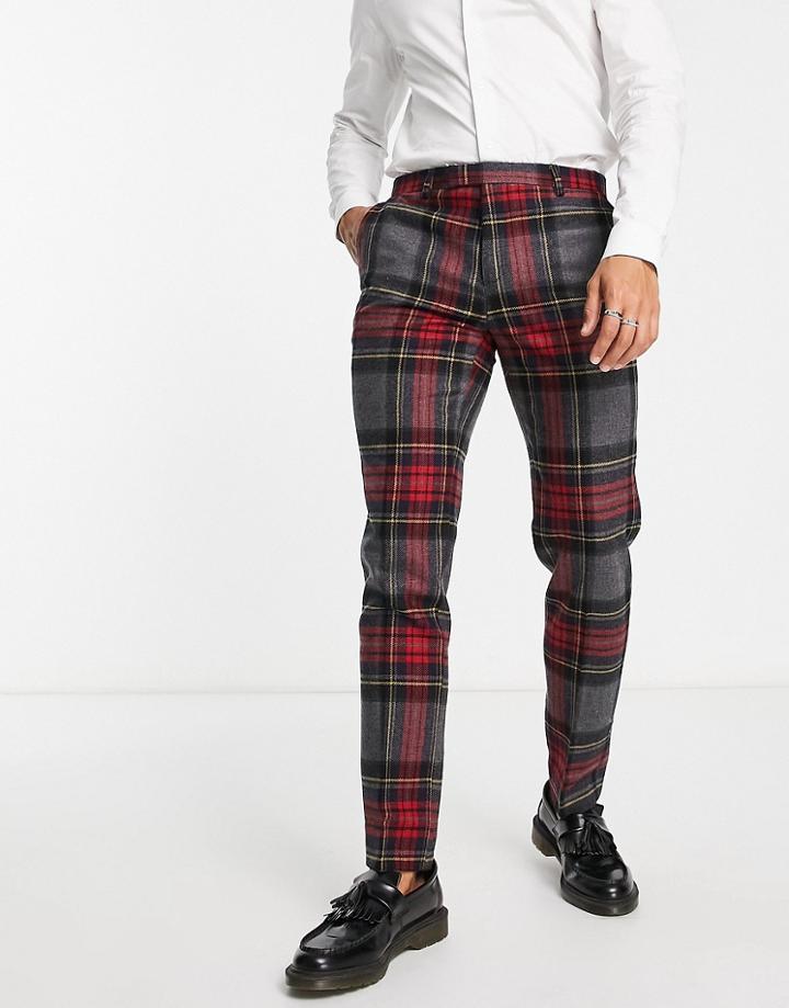 Twisted Tailor Cardosi Slim Fit Smart Pants In Gray And Red Check With Pocket Chain-multi