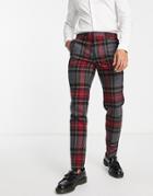 Twisted Tailor Cardosi Slim Fit Smart Pants In Gray And Red Check With Pocket Chain-multi