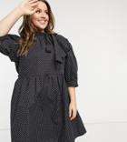 Influence Plus Bow Neck Polka Dot Mini Smock Dress In Black