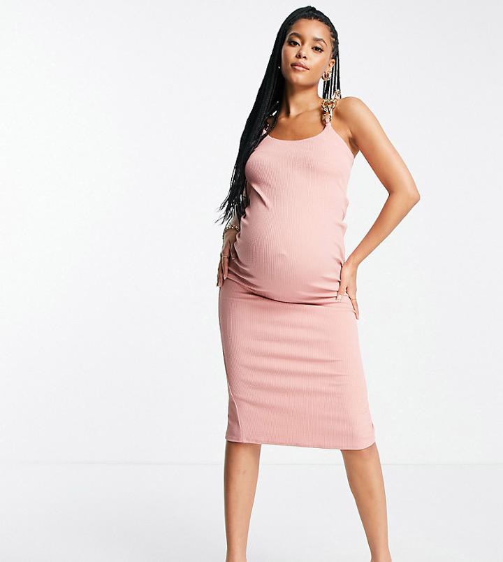 Asos Design Maternity Textured High Split Gold Chain Cut Out Maxi Dress In Rose Pink-multi
