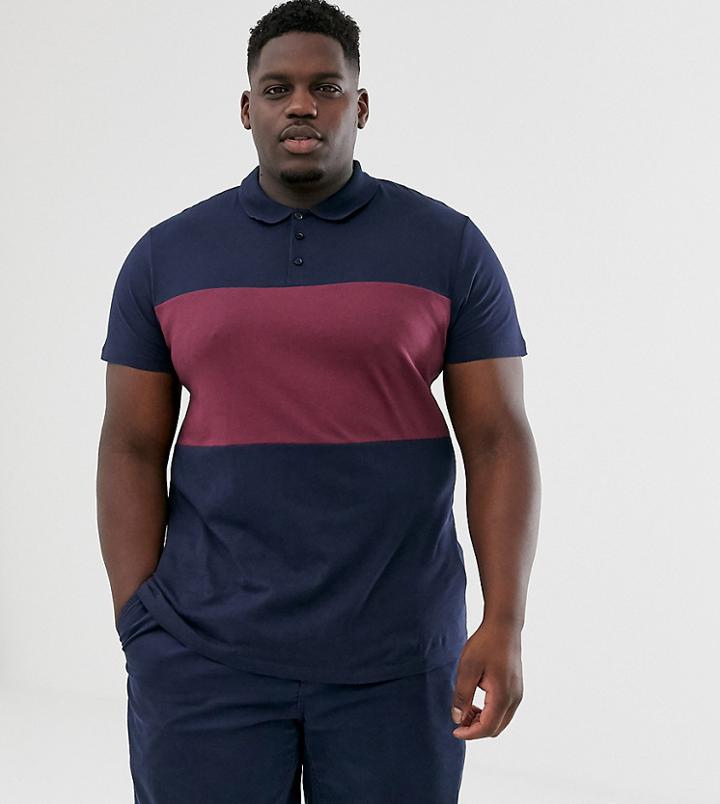 Asos Design Plus Polo Shirt With Contrast Body Panel In Navy - Navy
