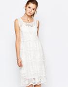 Navy London Lace Dress With Front Neck Detail - White