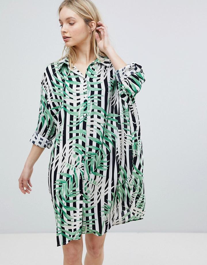 Qed London Stripe Leaf Print Shirt Dress - Multi