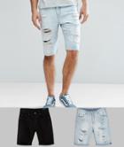 Asos Tall 2 Pack Denim Shorts In Slim Light Bleach Wash Blue With Rips & Black - Multi