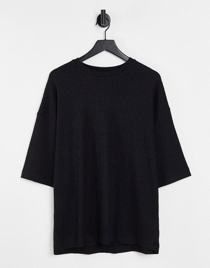 Asos Design Oversized Half Sleeve Heavyweight Waffle T-shirt In Black