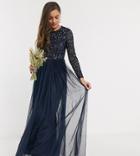 Maya Petite Bridesmaid Long Sleeve Maxi Tulle Dress With Tonal Delicate Sequins In Navy