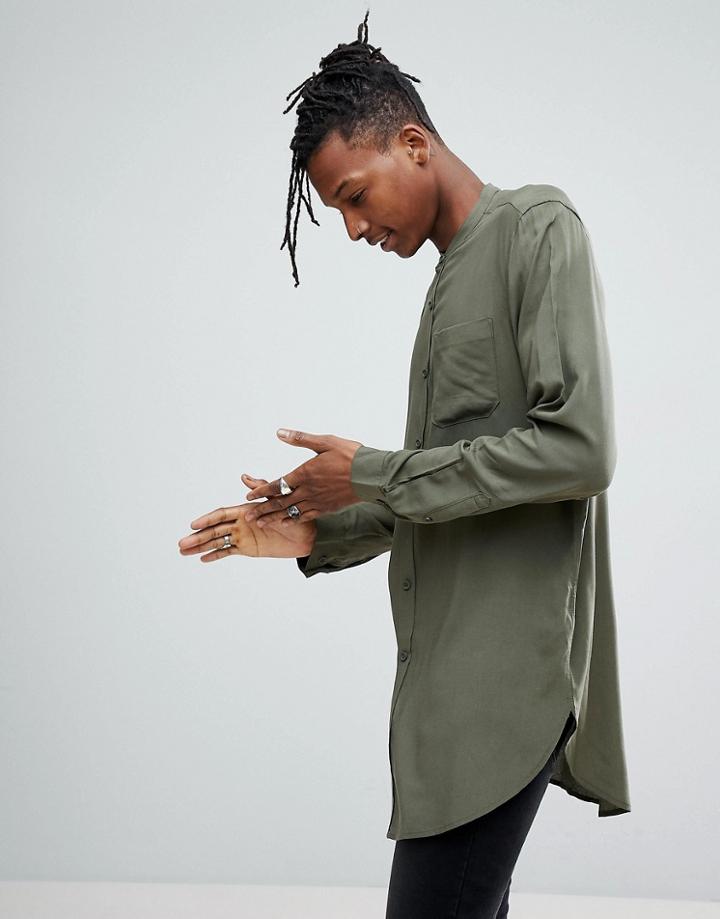 Asos Regular Fit Super Longline Viscose Shirt In Khaki - Green