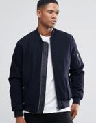 Asos Wool Mix Bomber Jacket With Ma1 Pocket In Navy - Navy
