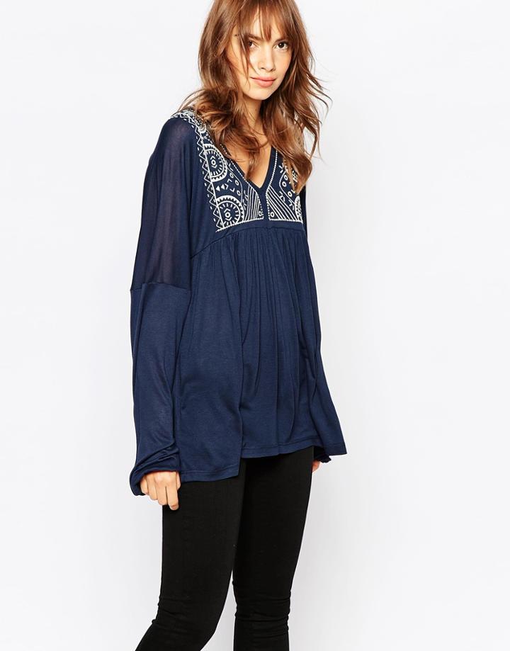 Vila Embrodiered Jersey Long Sleeve Folk Top - Total Eclipse