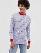 Asos Design Relaxed Long Sleeve Striped Organic Cotton T-shirt In Lilac - Purple