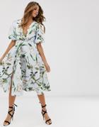 Asos Design Bubble Sleeve Twist Detail Midi Prom Dress In Floral - Multi