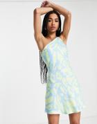 Bershka Asymmetric Dress In Blue & Green Animal Print-multi