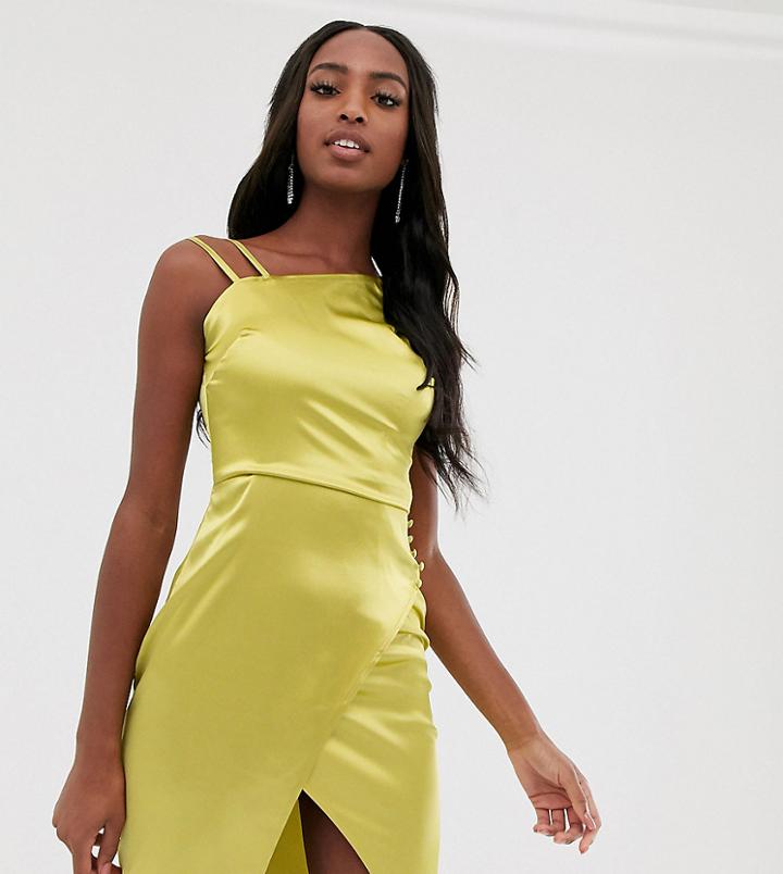 Outrageous Fortune Tall Satin Asymmetric Shoulder Dress In Lime - Brown