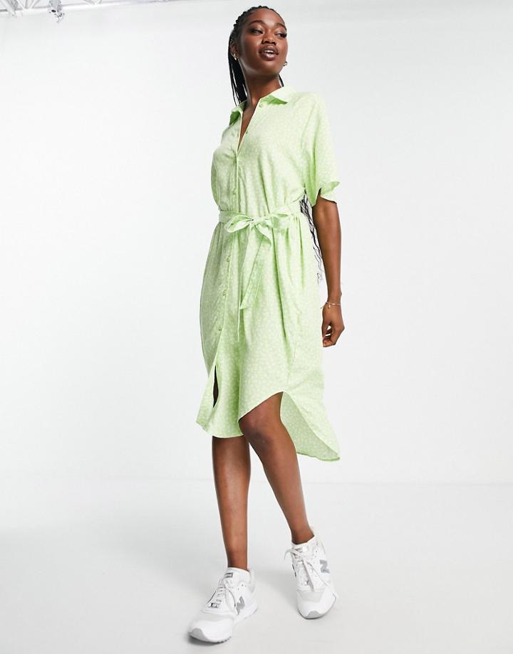 Monki Belted Mini Shirt Dress In Green Floral Print