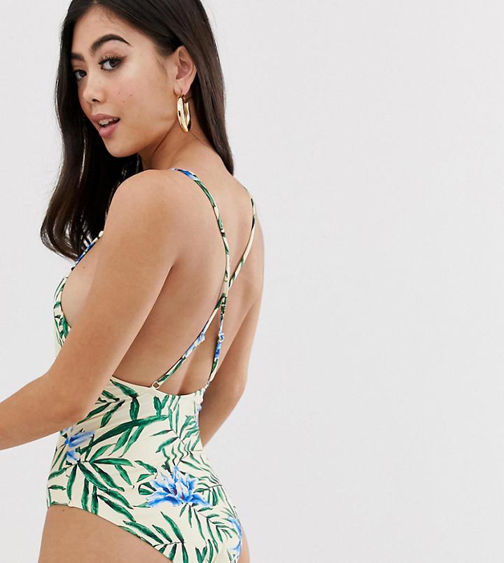 Y.a.s Petite Low Back Tropical Print Swimsuit-multi