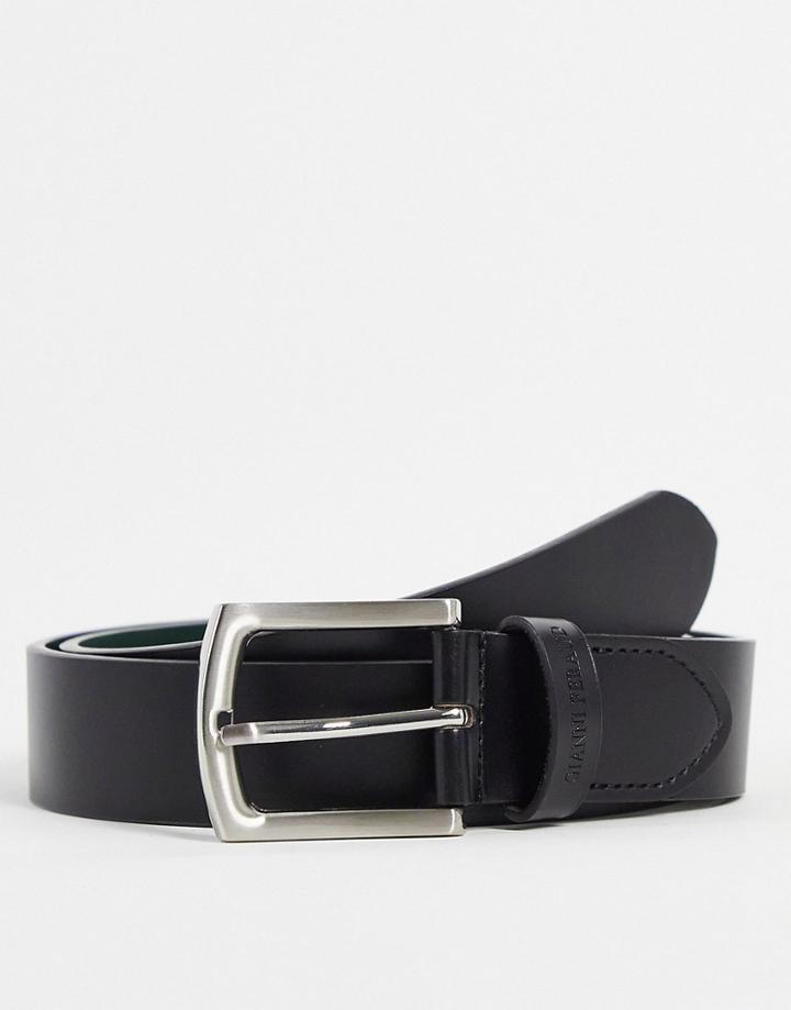 Gianni Feraud Leather Belt In Black With Rounded Silver Buckle