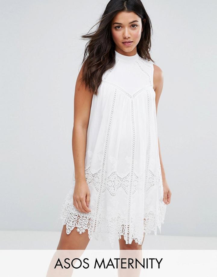 Asos Maternity Premium Ladder And Lace Swing Dress - White