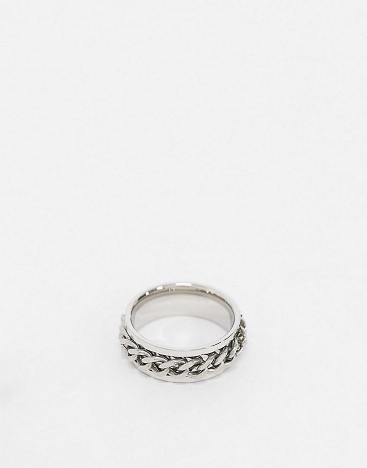 Asos Design Waterproof Stainless Steel Band Ring With Moving Chain In Silver Tone