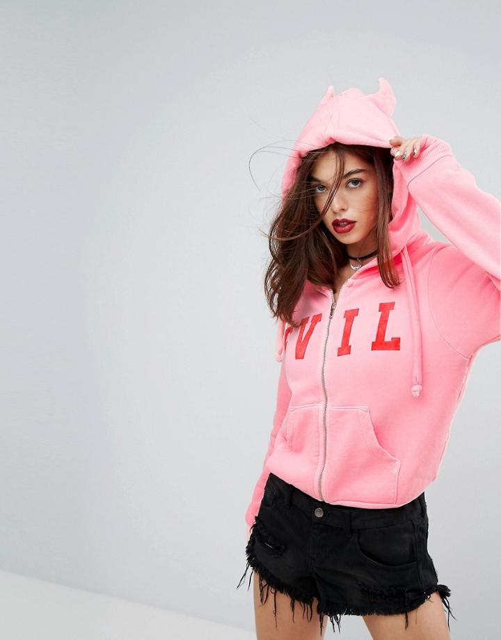 Wildfox Halloween Zip Through Hoody With Horns - Pink