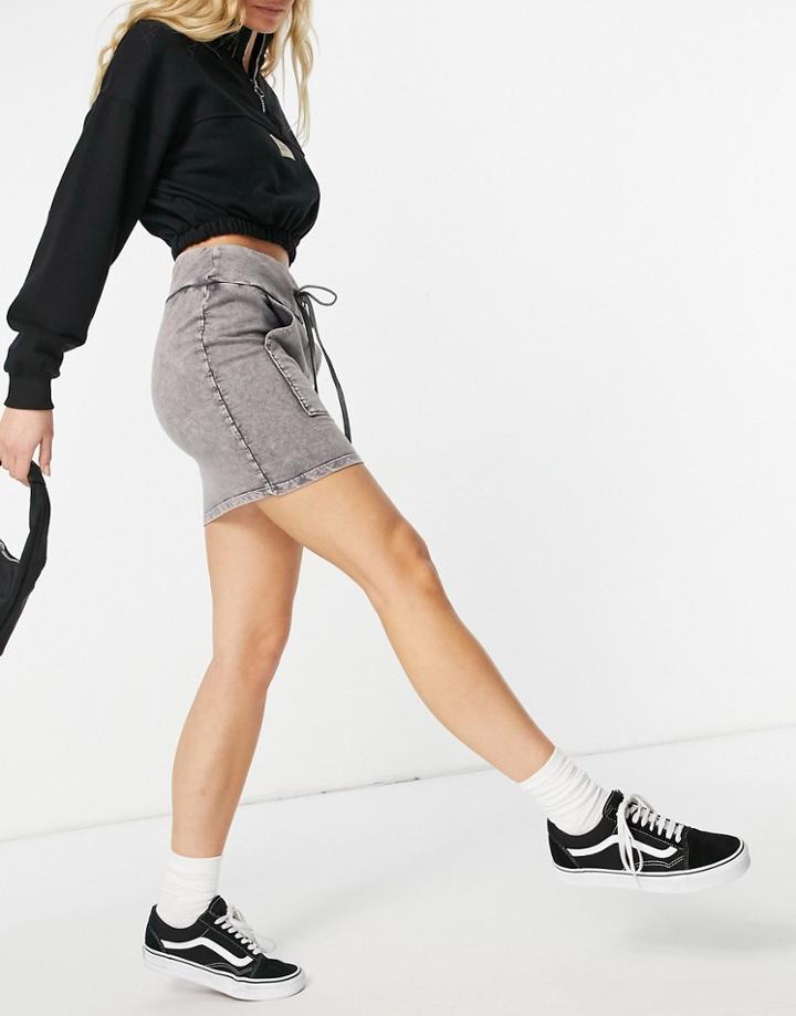 Asos Design Drawstring Mini Skirt In Charcoal Acid Wash-multi