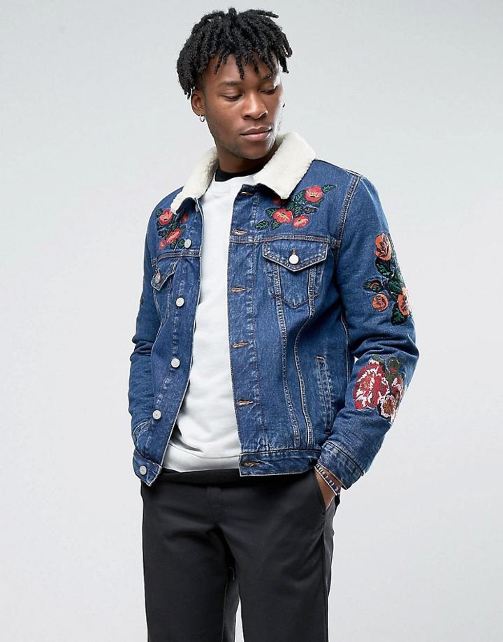 Asos Denim Jacket With Embroidery & Fleece Collar In Blue Wash - Blue