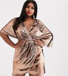 Asos Design Curve Sheet Sequin Mini Dress With Asymmetric Kimono Sleeve-copper