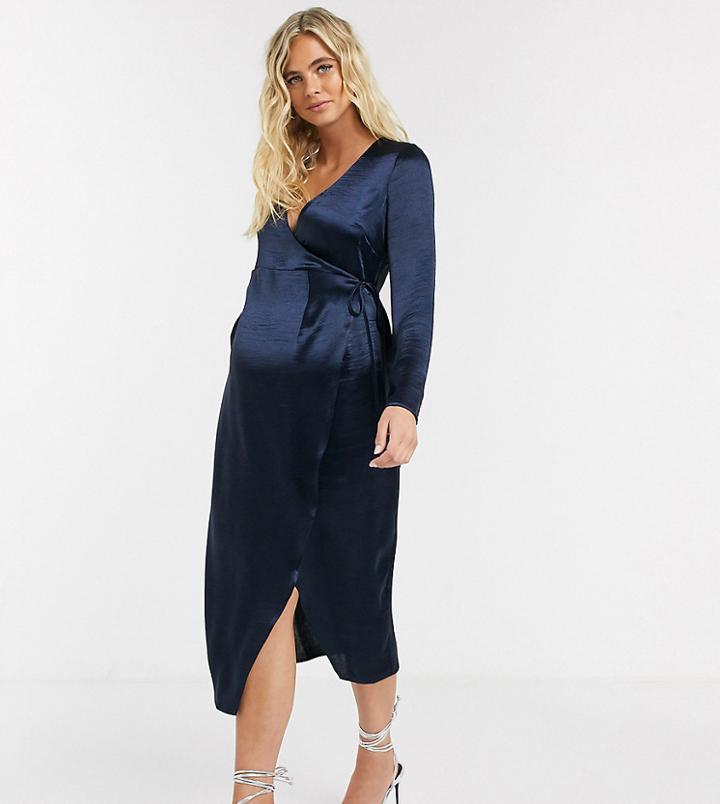 Asos Design Maternity Wrap Midi Dress In High Shine Navy Satin