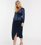 Asos Design Maternity Wrap Midi Dress In High Shine Navy Satin
