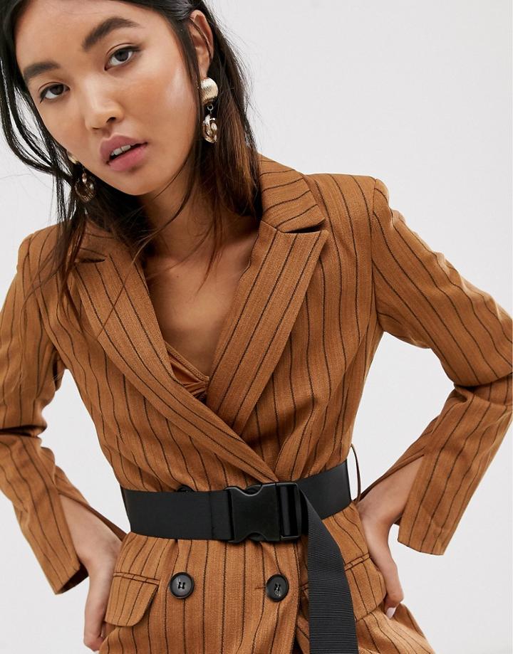 Asos Design Brown Stripe Longline Seatbelt Blazer-multi