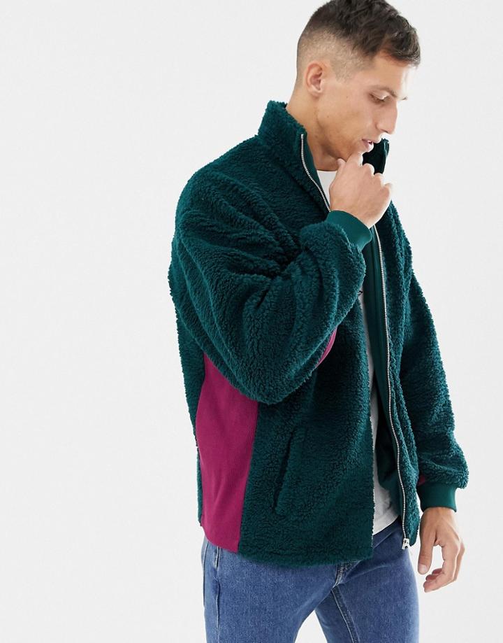 Asos Design Oversized Track Jacket In Borg Green With Rib Panels - Green