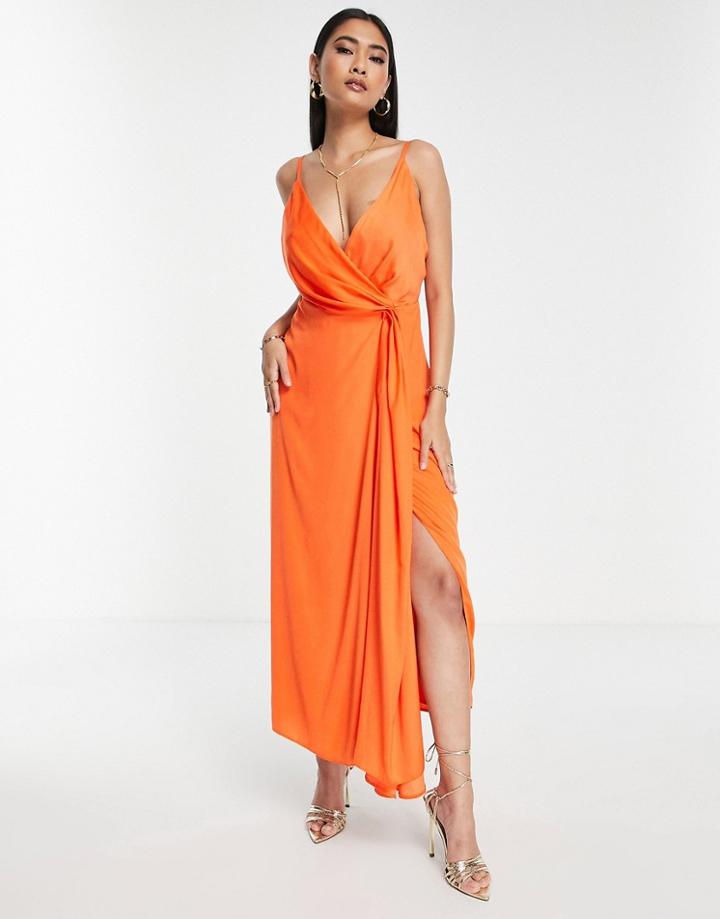 Asos Edition Satin Drape Side Cami Midi Dress In Orange