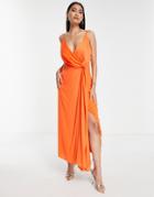 Asos Edition Satin Drape Side Cami Midi Dress In Orange