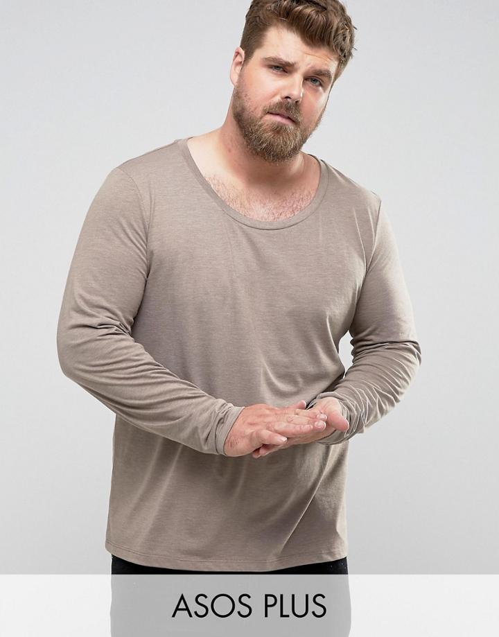 Asos Plus Long Sleeve T-shirt With Scoop Neck In Brown - Brown