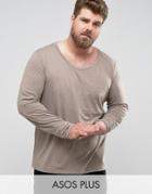Asos Plus Long Sleeve T-shirt With Scoop Neck In Brown - Brown