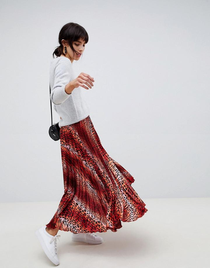 Asos Design Satin Pleated Midi Skirt In Red And Pink Leopard Print - Multi