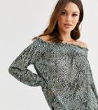 Asos Design Tall Shirred Bardot Top In Snake Print