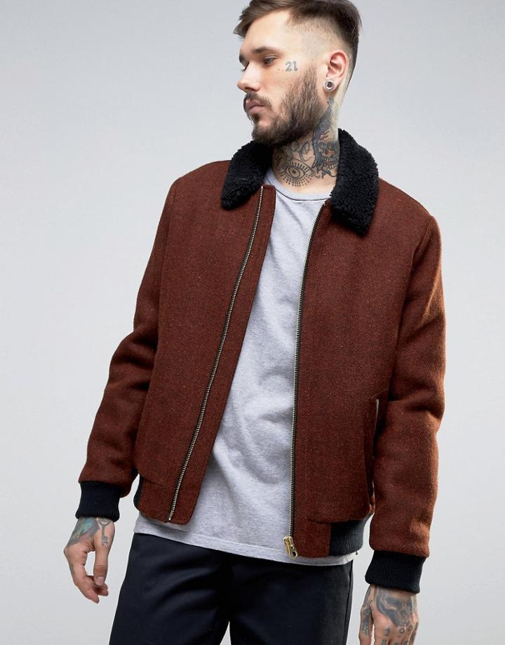 Asos Harris Tweed Bomber Jacket In Rust Melange - Orange