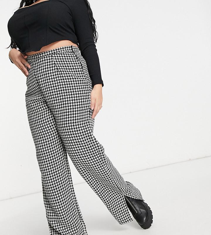 Naanaa Plus High Waisted Split Hem Tailored Pants In Black Dogtooth