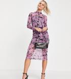 Miss Selfridge Petite Mesh High Neck Midi Dress In Pink Floral Print