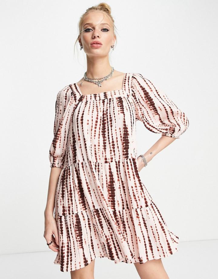 Violet Romance Square Neck Tiered Mini Smock Dress In Tie Dye-multi